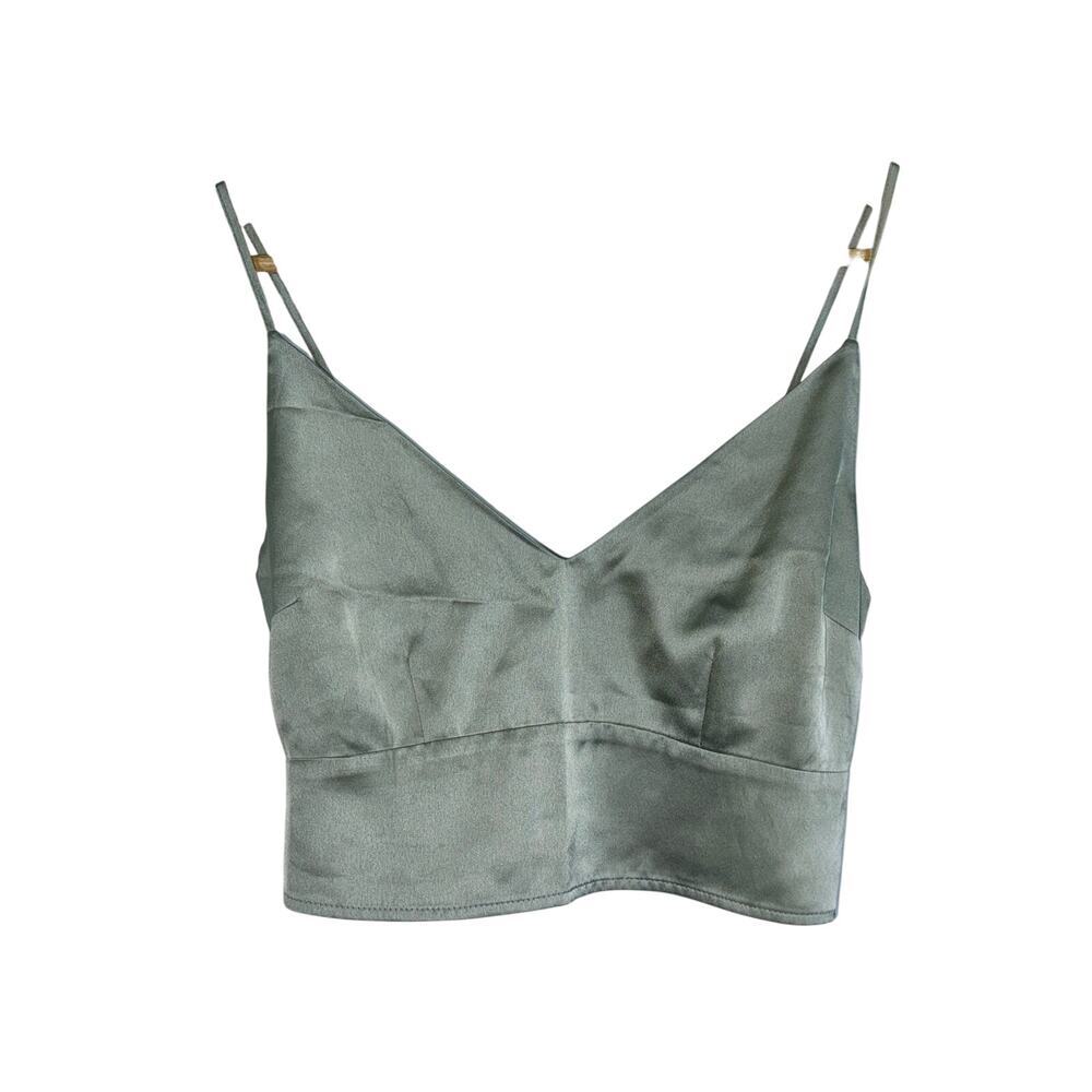 Abercrombie & Fitch Green Satin Smocked V-Neck Cami Crop Top Womens Size S